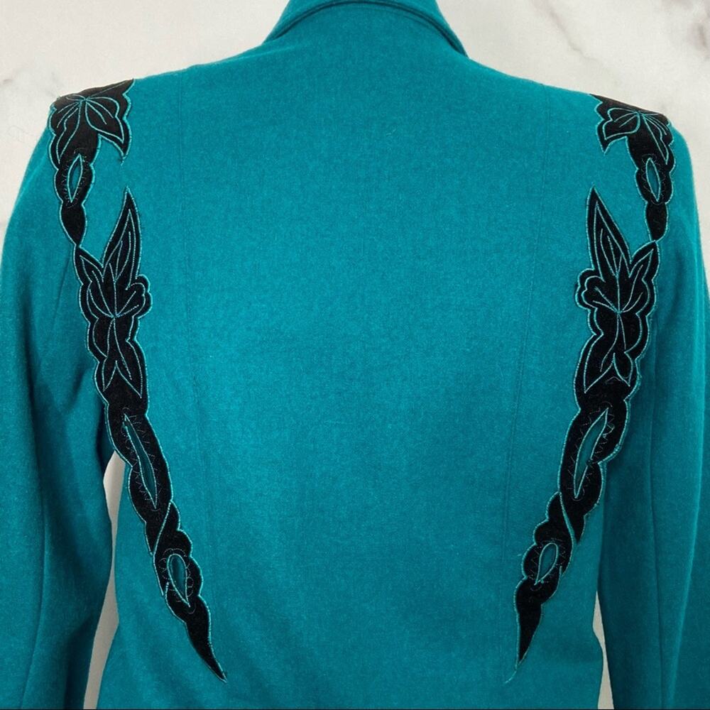 Vintage Double Breasted Blazer Teal Floral Appliqué 90s Prairie Western Size L - Picture 8 of 13